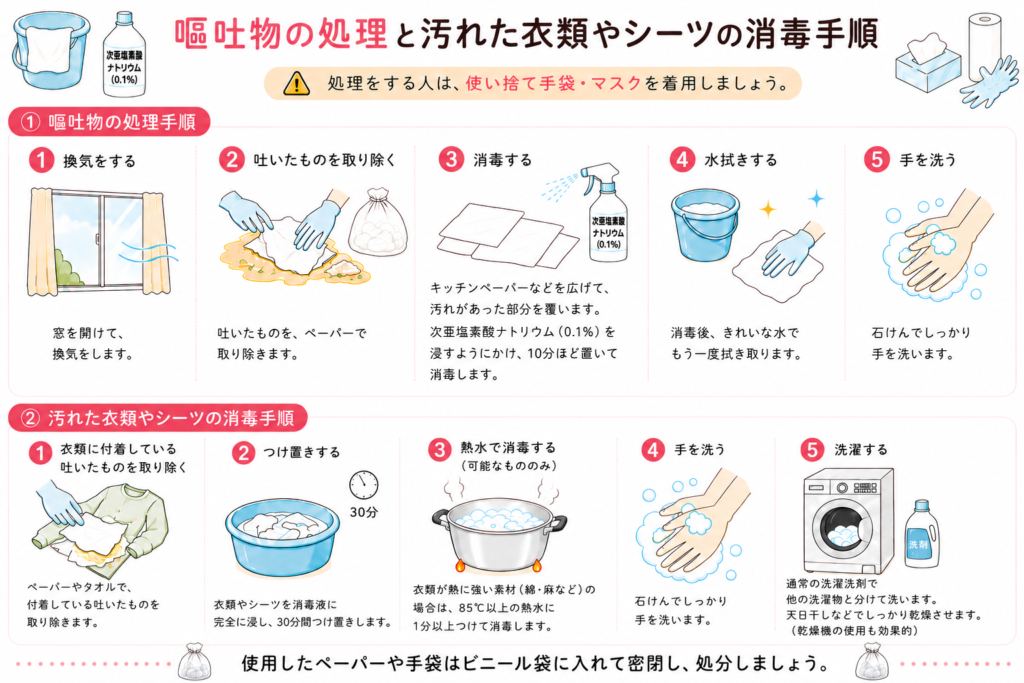 嘔吐物処理と汚れた衣類やシーツの消毒手順